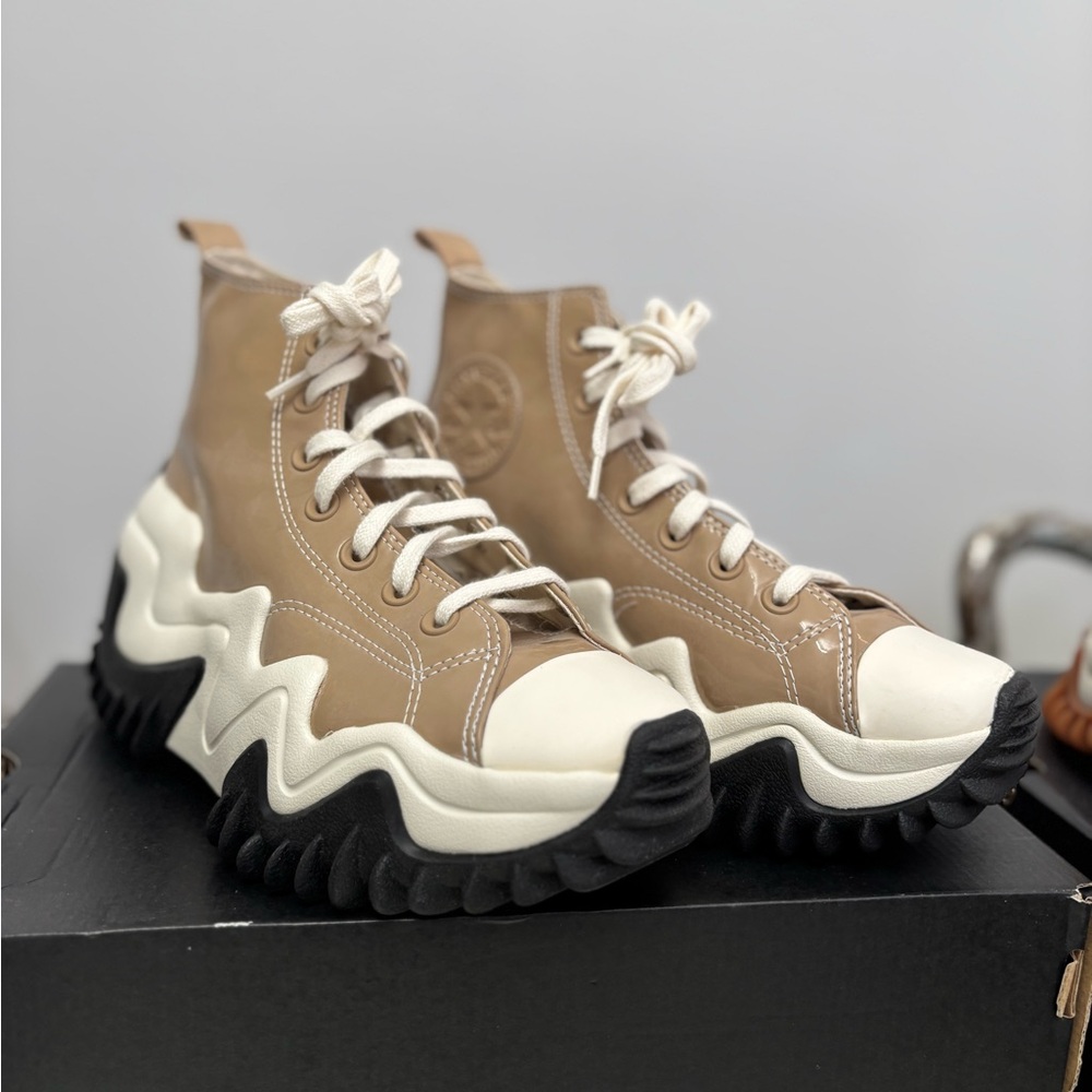 Tan High-Top Sneakers with Black Soles